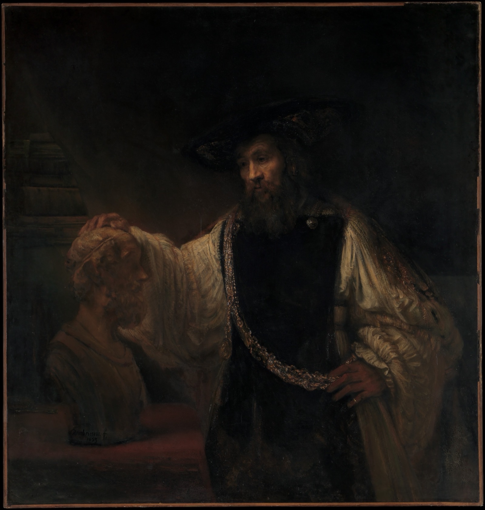 Rembrandt's painting Aristotle with a Bust of Homer: a robed philosopher resting one hand on a bust of Homer and the other on a gold chain.